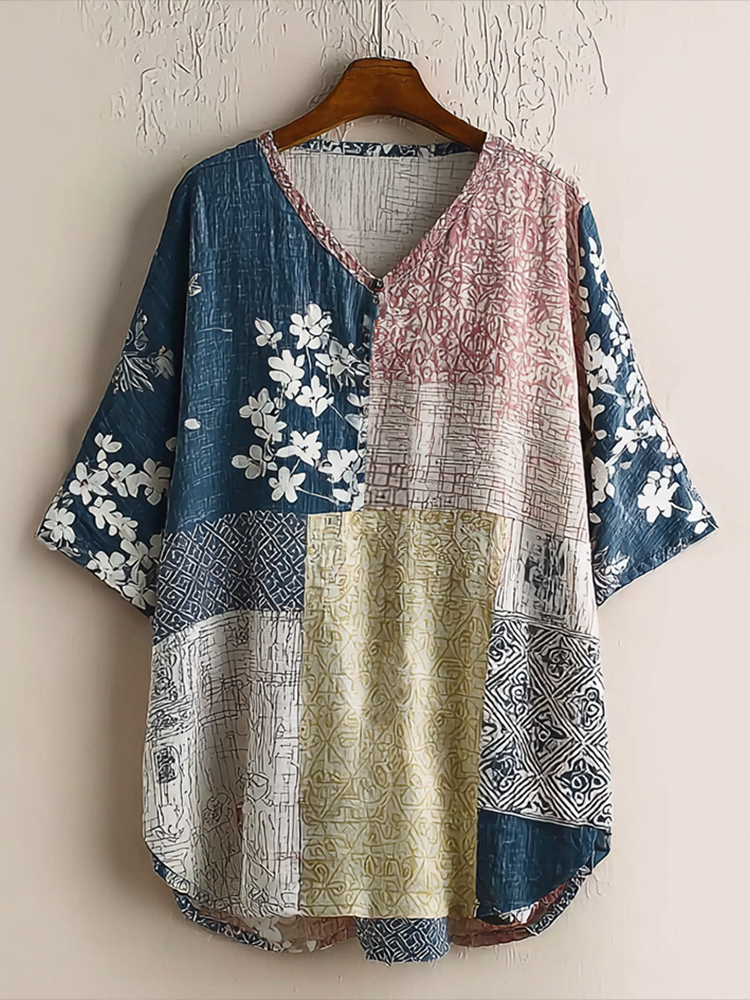 Japanese Art Retro Geometric Patchwork Plant Flower Print Women's V-neck Cotton & Linen Top