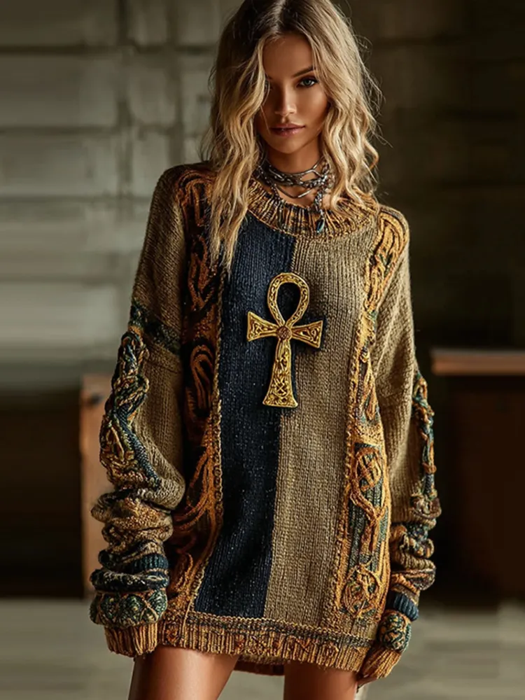 Women's Vintage Ancient Egyptian Ankh Pattern Cozy Knit Mini Sweater Dress