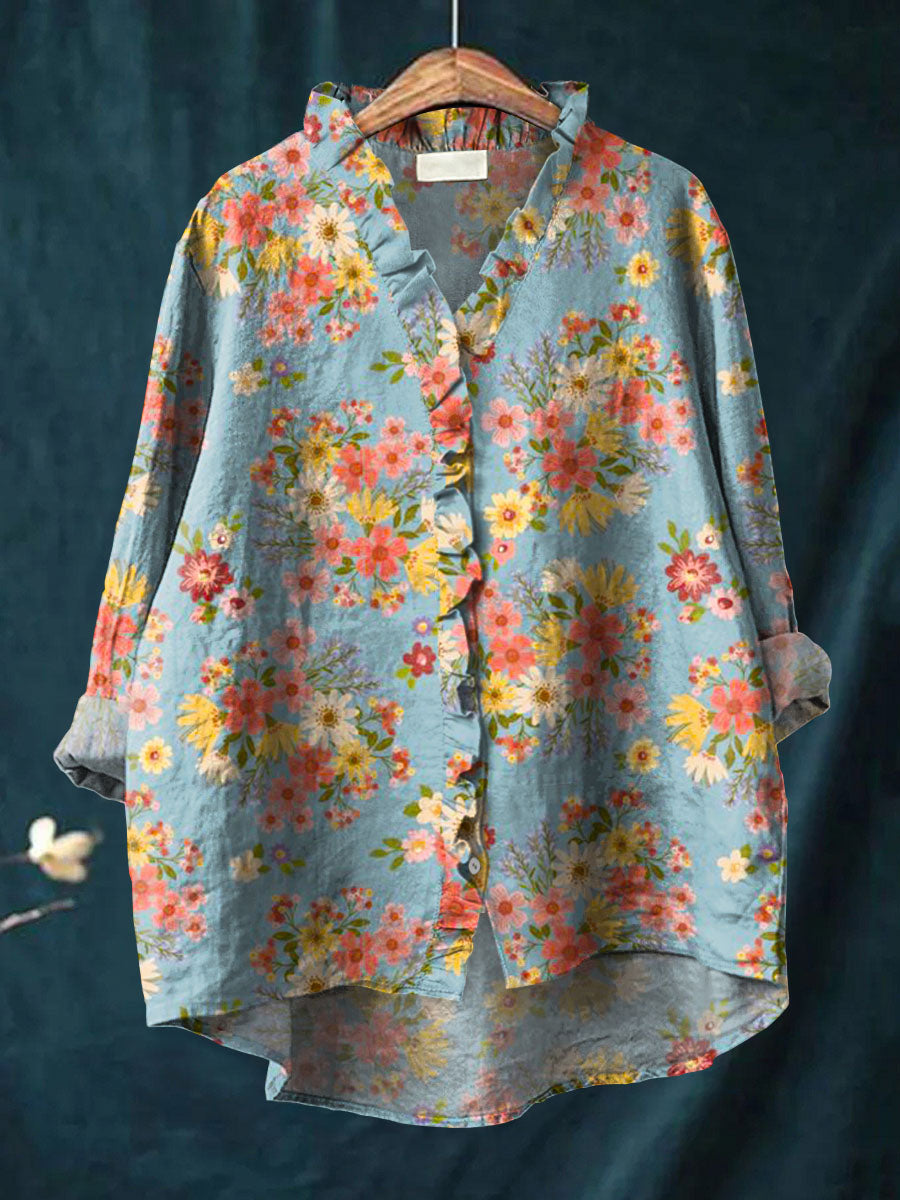 Lovely Floral Art Print Casual Cotton & Linen Ruffle Shirt