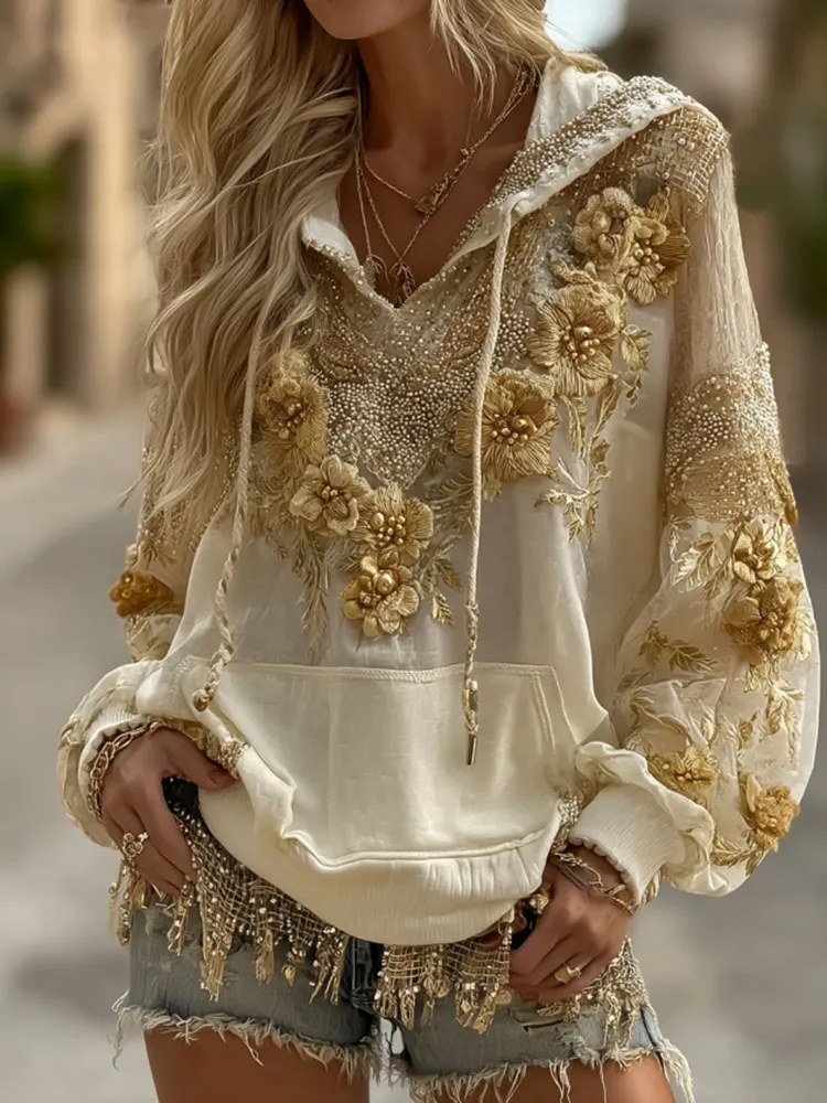 Women's Vintage Yellow Rose Embroidery Art Casual Hooded