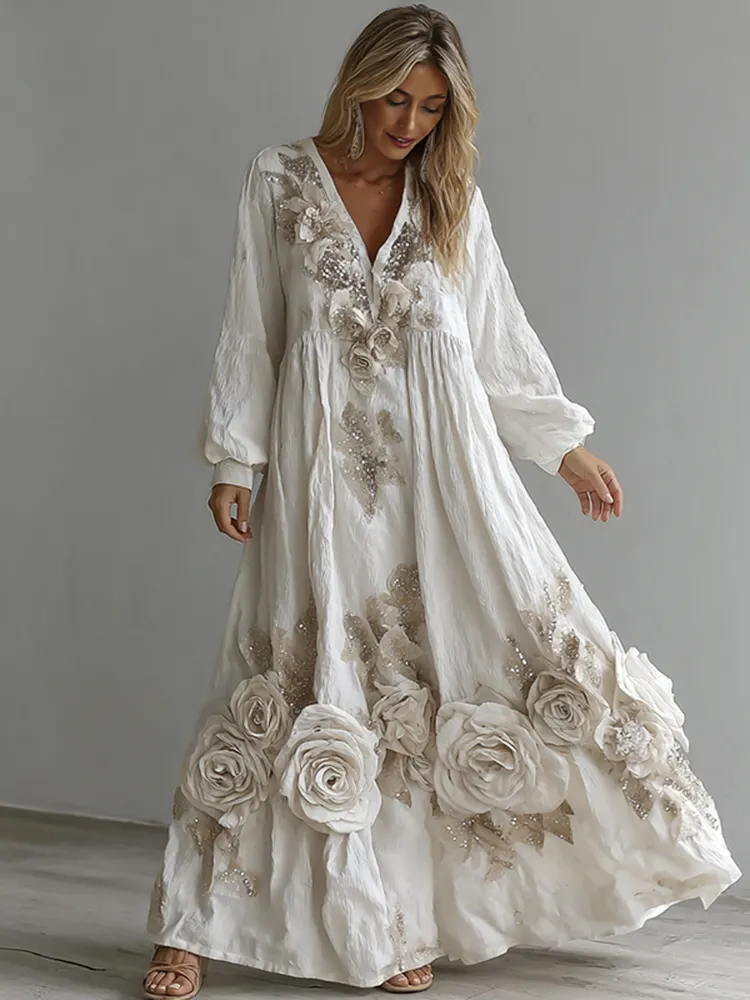 Women's Vintage Boho White Floral Lace Art Flowy Maxi Dress