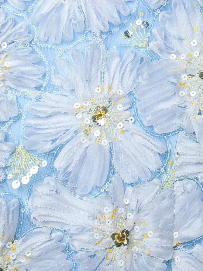 Light Blue Jacquard Chiffon Halter Neck Sleeveless A-Line Floor-length Gown