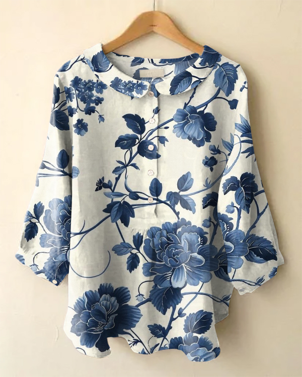 Vintage Floral Print Long Sleeve Peter Pan Collar Shirt