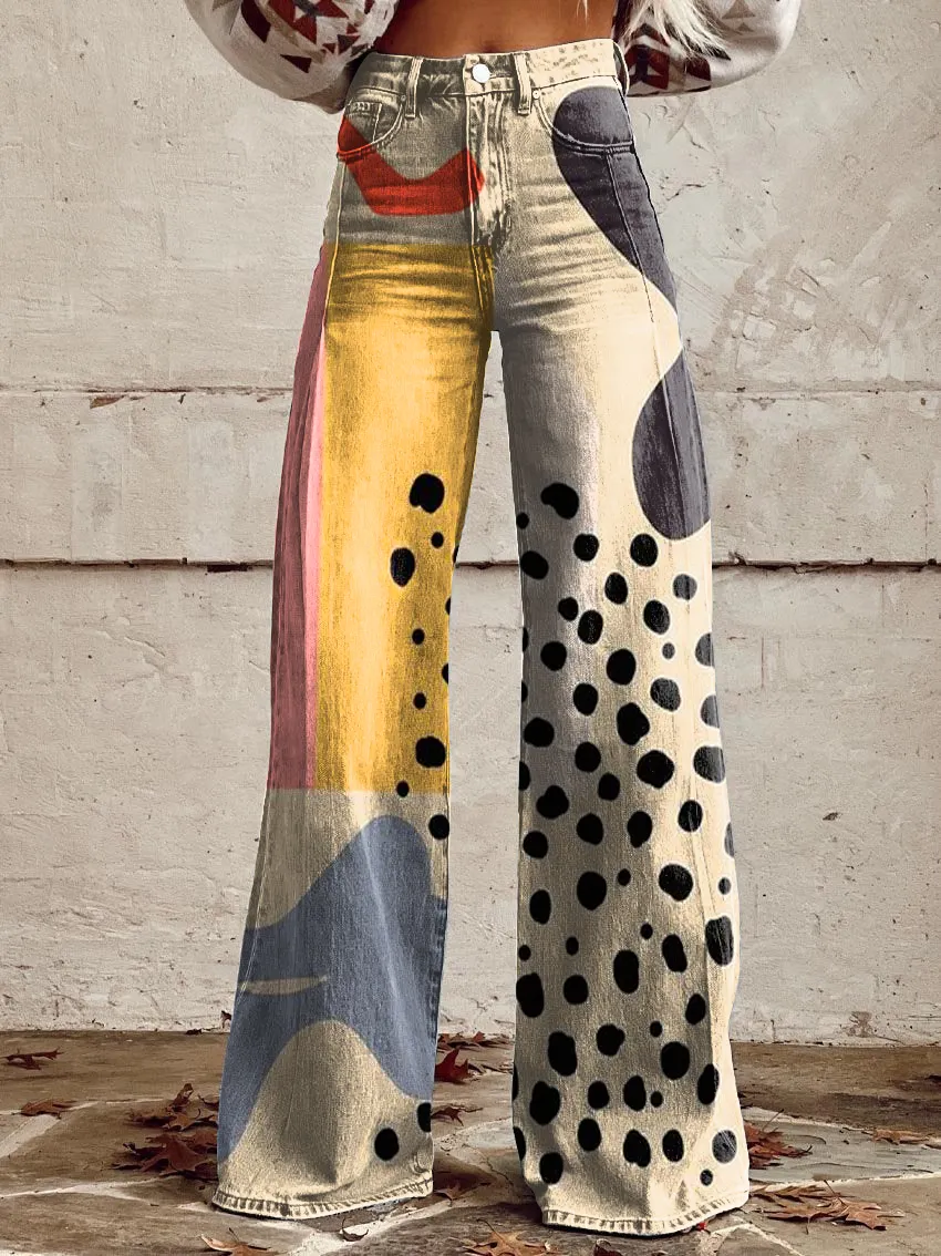 Vintage Print Casual Wide-Leg Pants