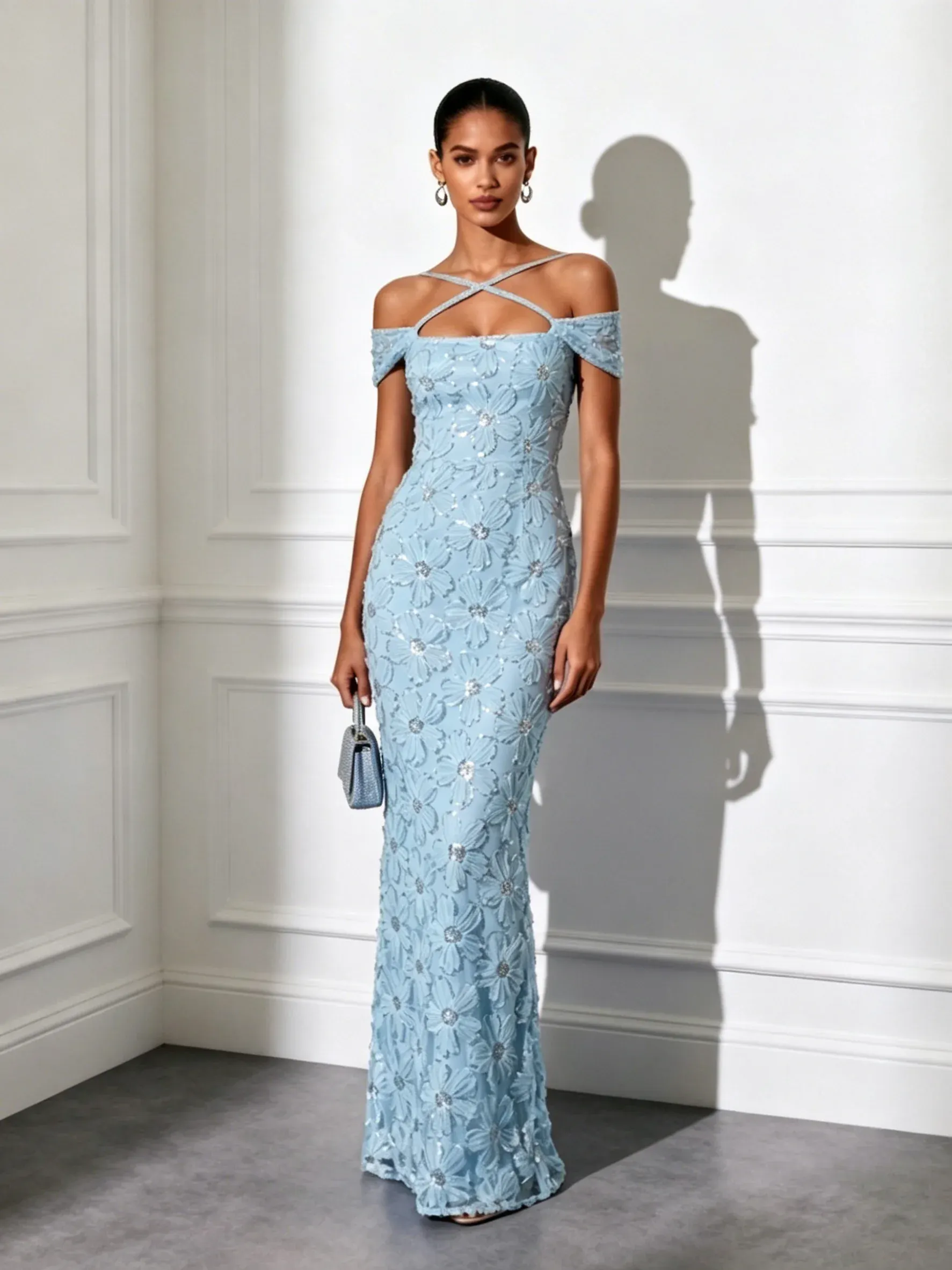 Light Blue Jacquard Glitter Classic Off The Shoulder Short-Sleeve Mermaid Floor-length Gown