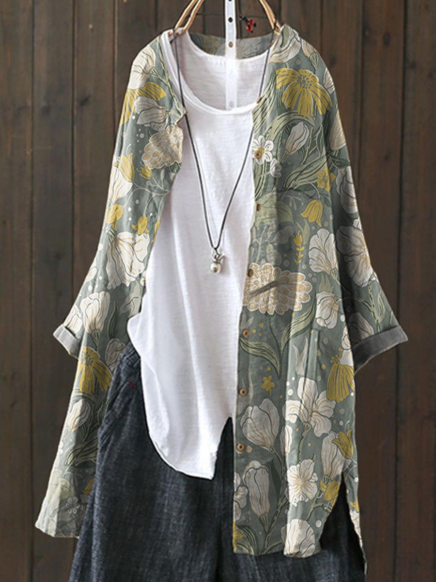 Vintage Lovely Floral Art Print Loose Casual Top Jacket