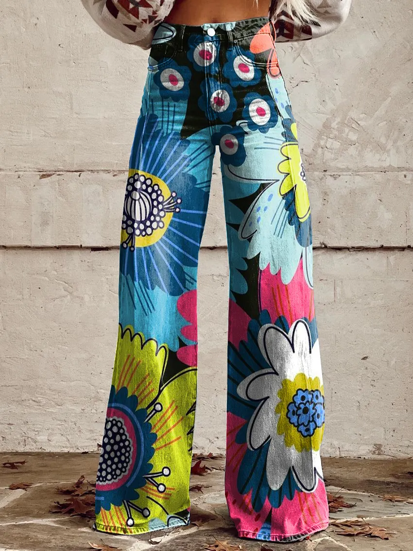 Vintage Floral Print Casual Wide-Leg Pants