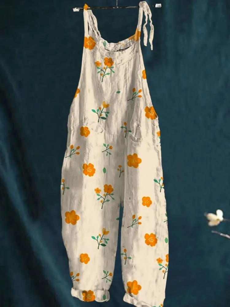 Vintage Lovely Floral Art Print Casual Wide-Leg Jumpsuit