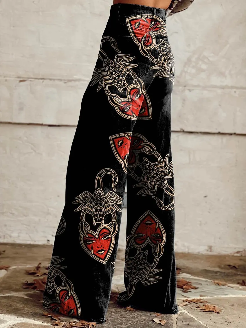 Black Scorpion Heart Print Casual Wide-Leg Pants