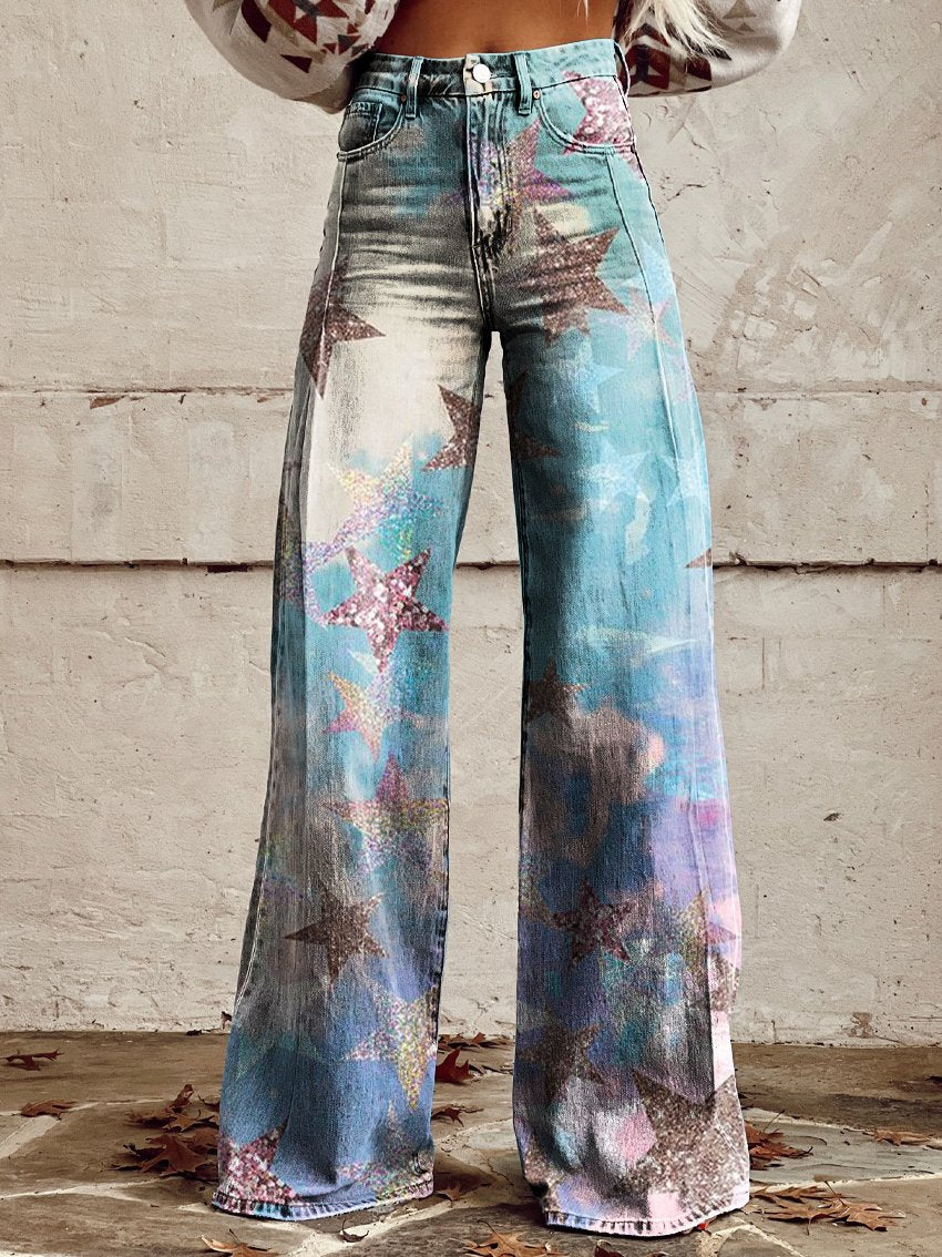 Colored Stars Print Women's Print Casual Wide-Leg Pants