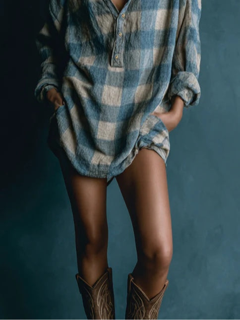 Blue & White Loose Plaid Henley Neck Long-Sleeve Mini Dress