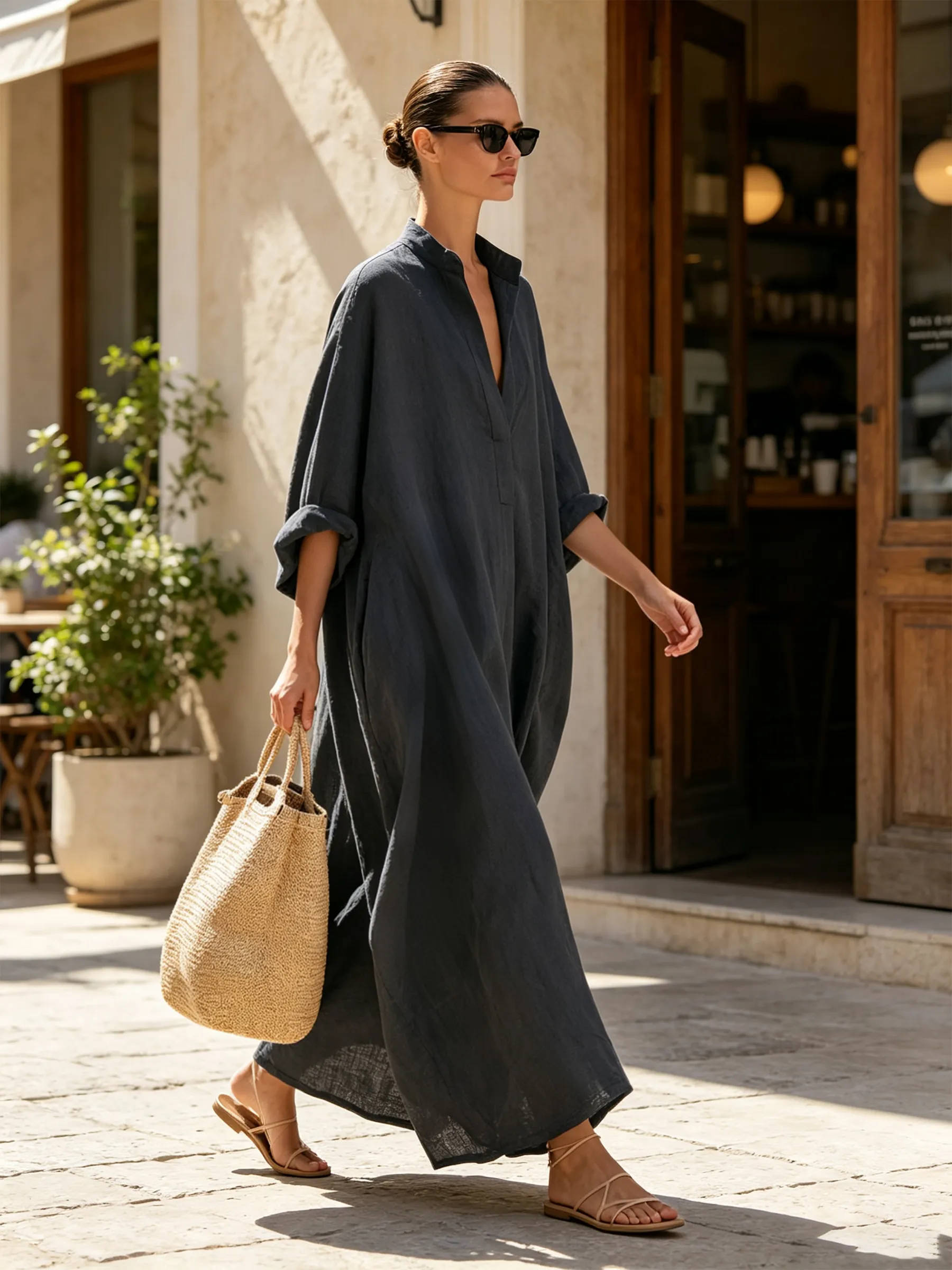 Linen-Blend Relaxed Maxi Dress