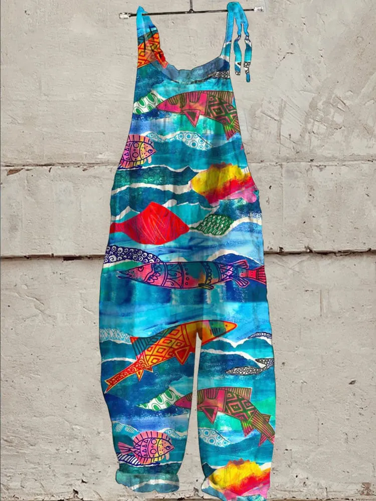 Watercolor Sea Fish Pattern Printed Women's Casual Wide-Leg Jumpsuit