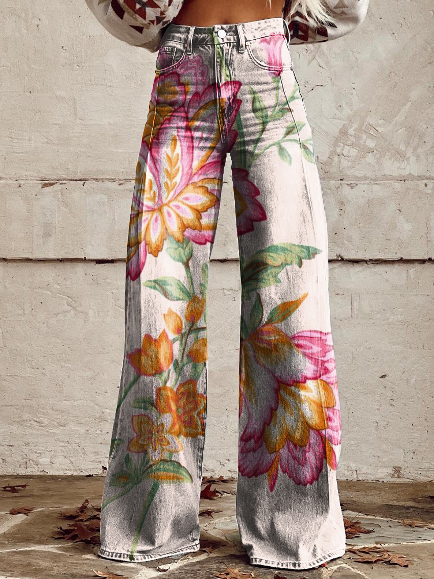Retro Floral Art Casual Wide-Leg Pants