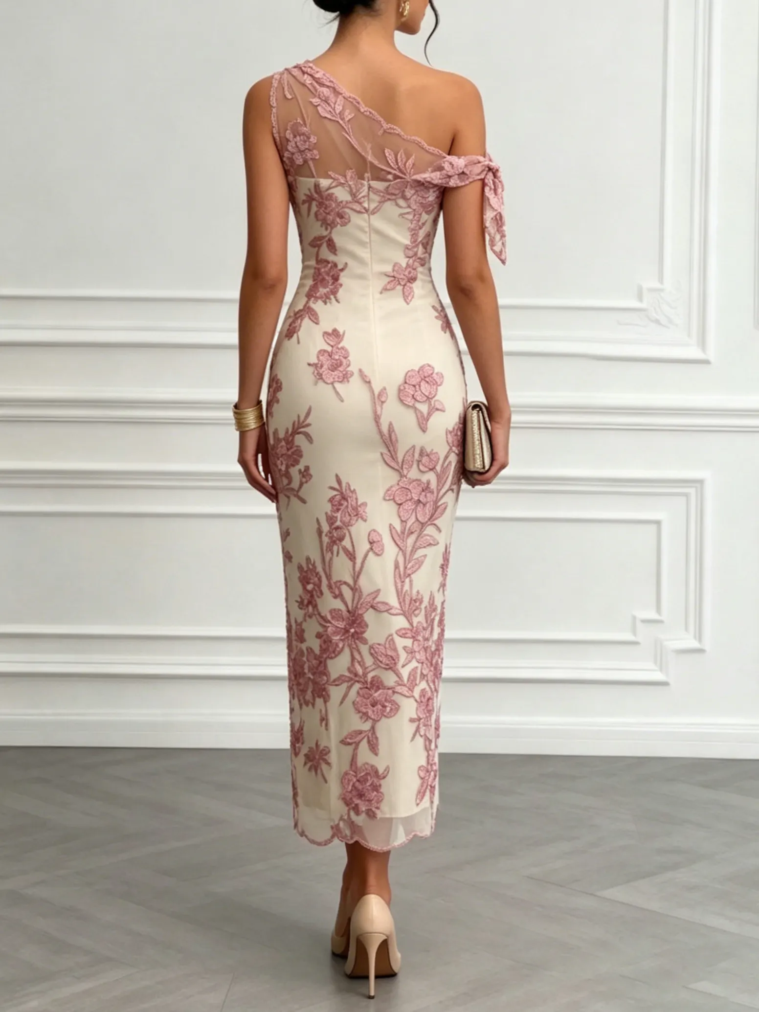 Pink Bow Lace One-Shoulder Sleeveless Sheath Maxi Dress