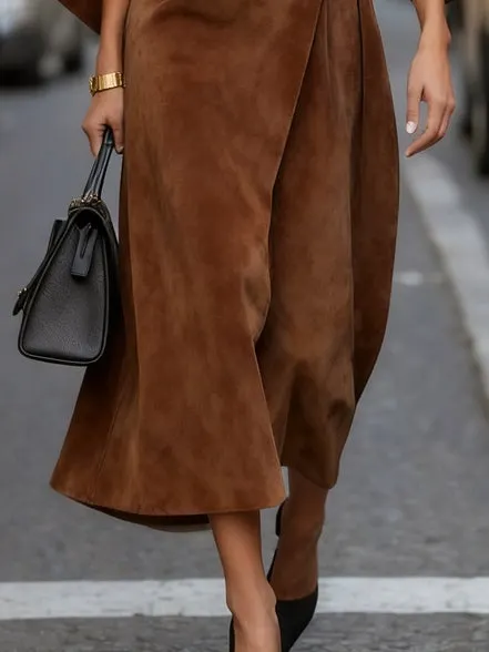 Vintage Brown Suede Waist Tie Bat Sleeve Maxi Dress