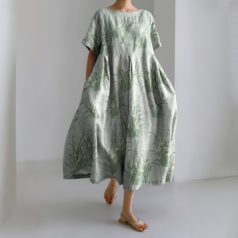 Japanese Flower Art Short Sleeve Midi Dress