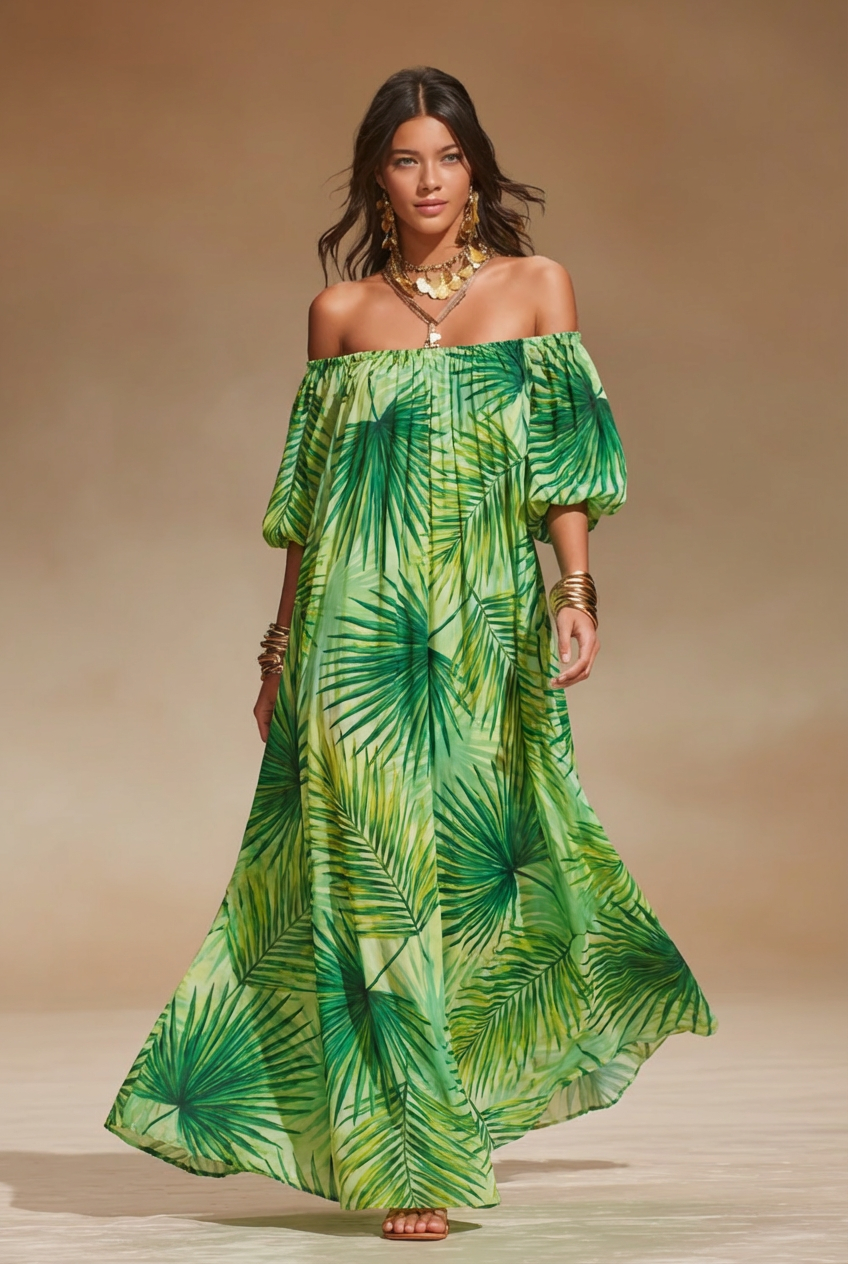 Off-Shoulder Tropical Leaf Print Maxi Dress