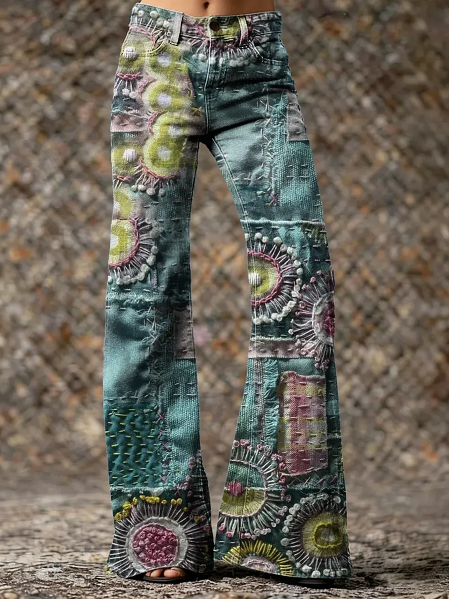 Floral Patchwork Art Print Casual Washed Cotton Denim Pants