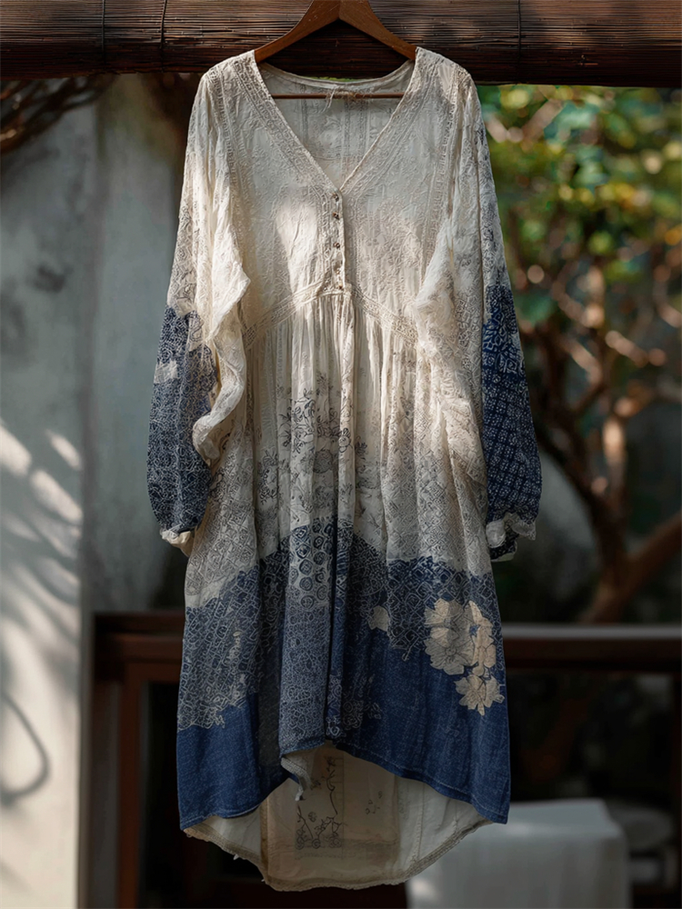 Japanese Floral Sashiko Contrast Lace Flowy Maxi Dress