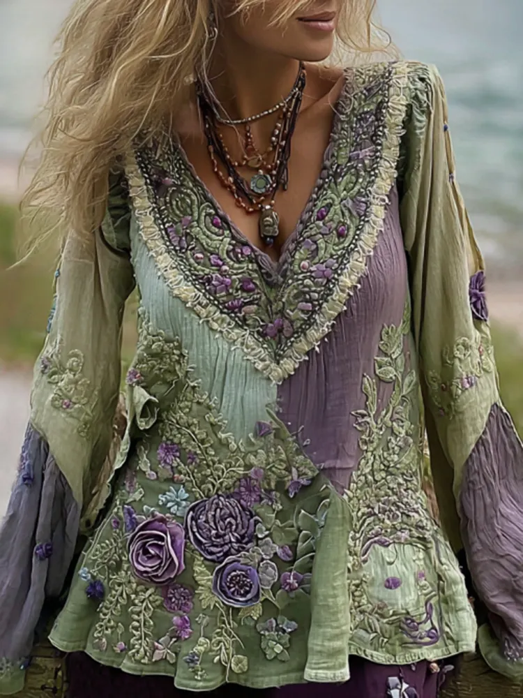 Vintage Purple Lavender And Floral Embroidered V Neck Long Sleeve Shirt