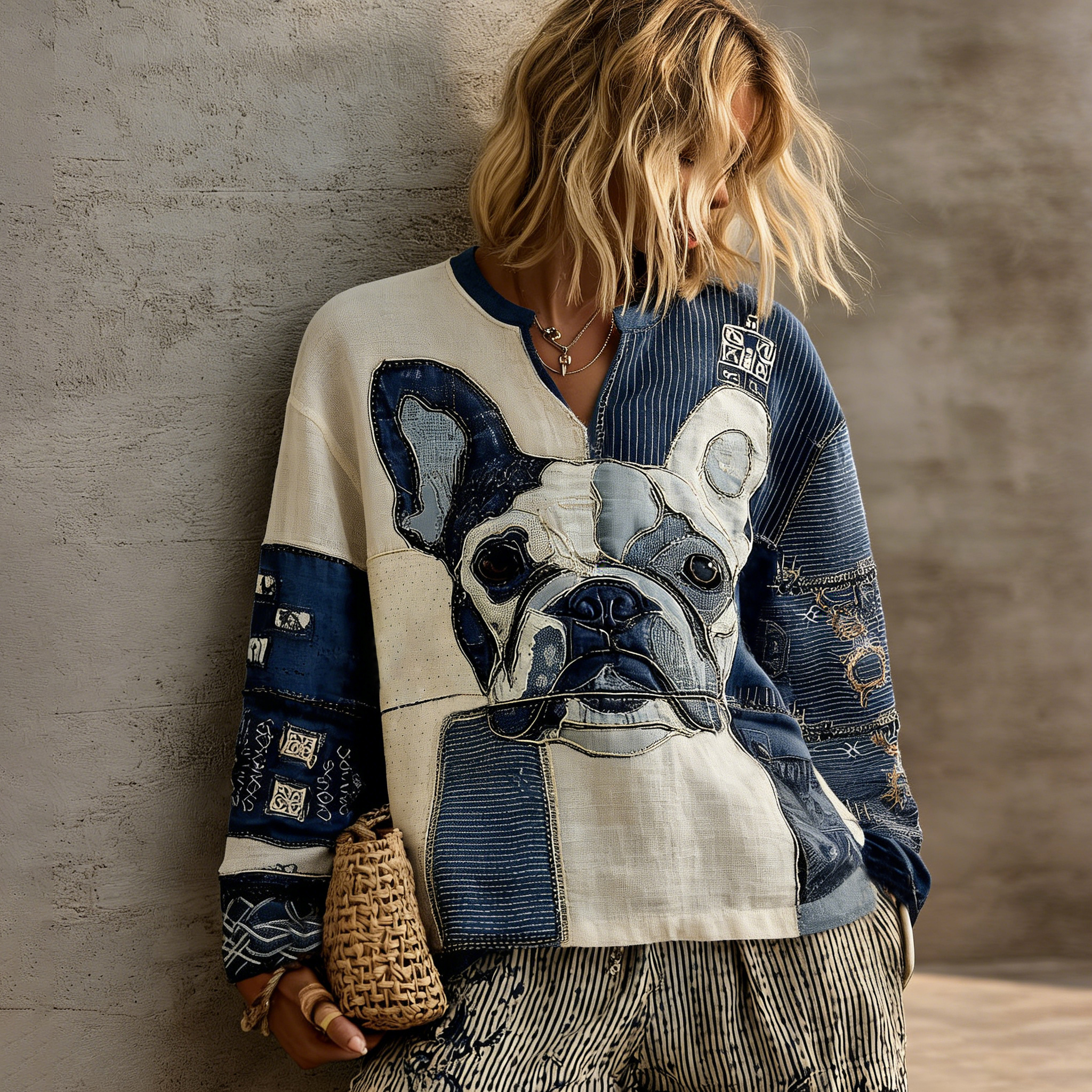 Retro Cat With Japanese Patchwork Art Print Comfy Top