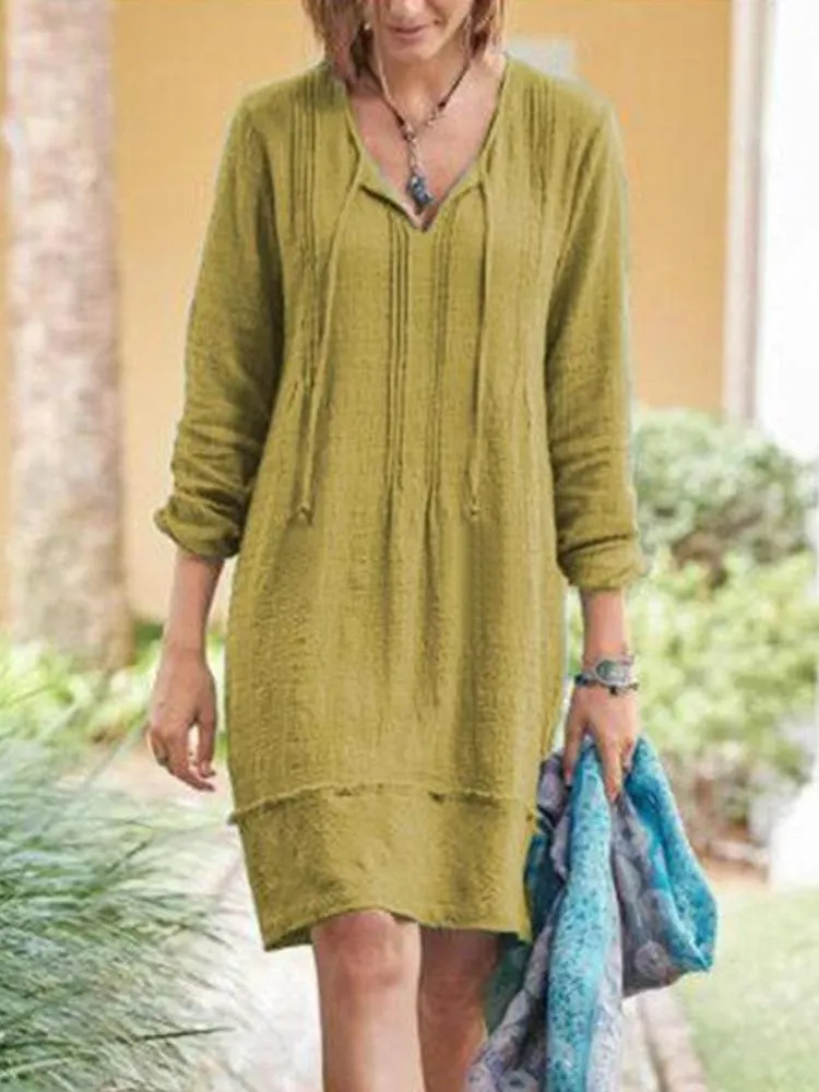 Solid Color Loose Long Sleeve Linen Mini Dress