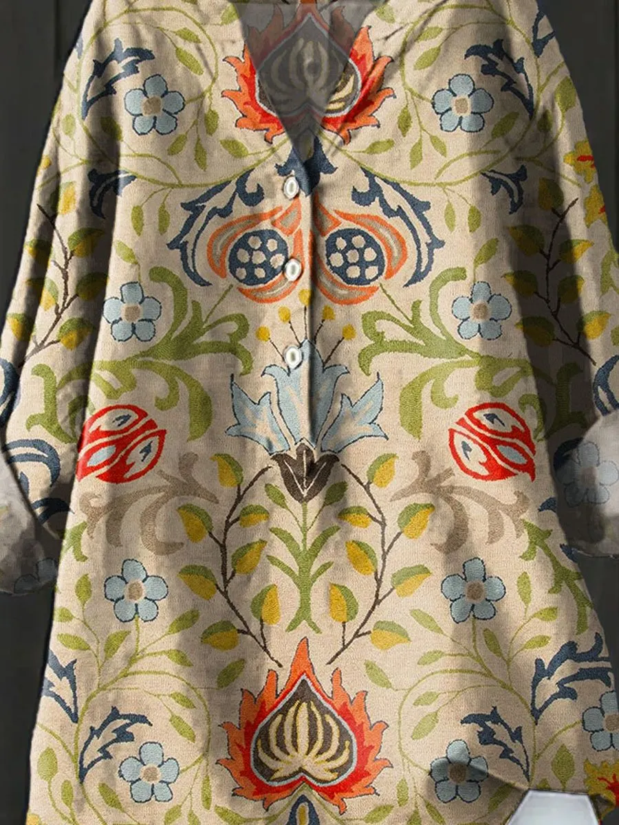 Vintage Ethnic Floral Art Print Casual Cotton & Linen Shirt