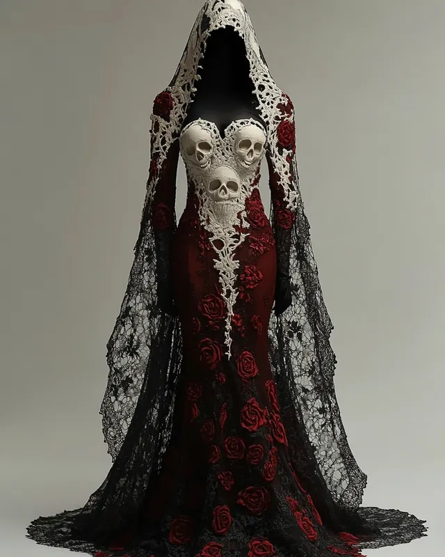 Bohemian style Contrasting Lace Rose And Skull Embroidered Evening Dress 7343