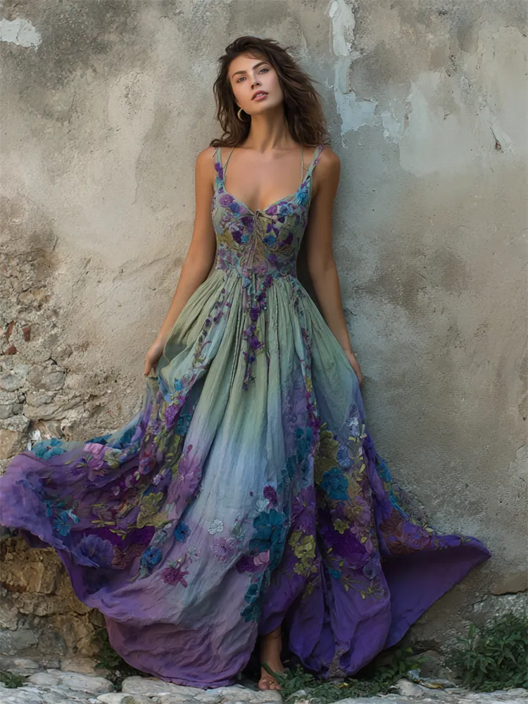 Classy Violet Floral Embroidered Gradient Flowy Maxi Dress