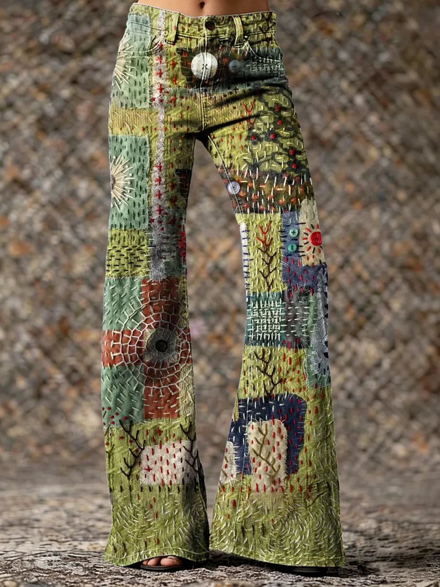 Retro Art Print Casual Washed Cotton Pants