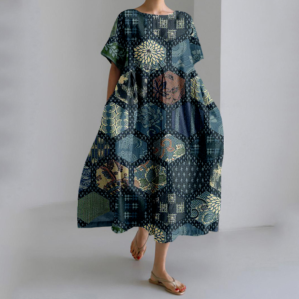 Vintage Japanese Sashiko Art Flowy Linen Maxi Dress