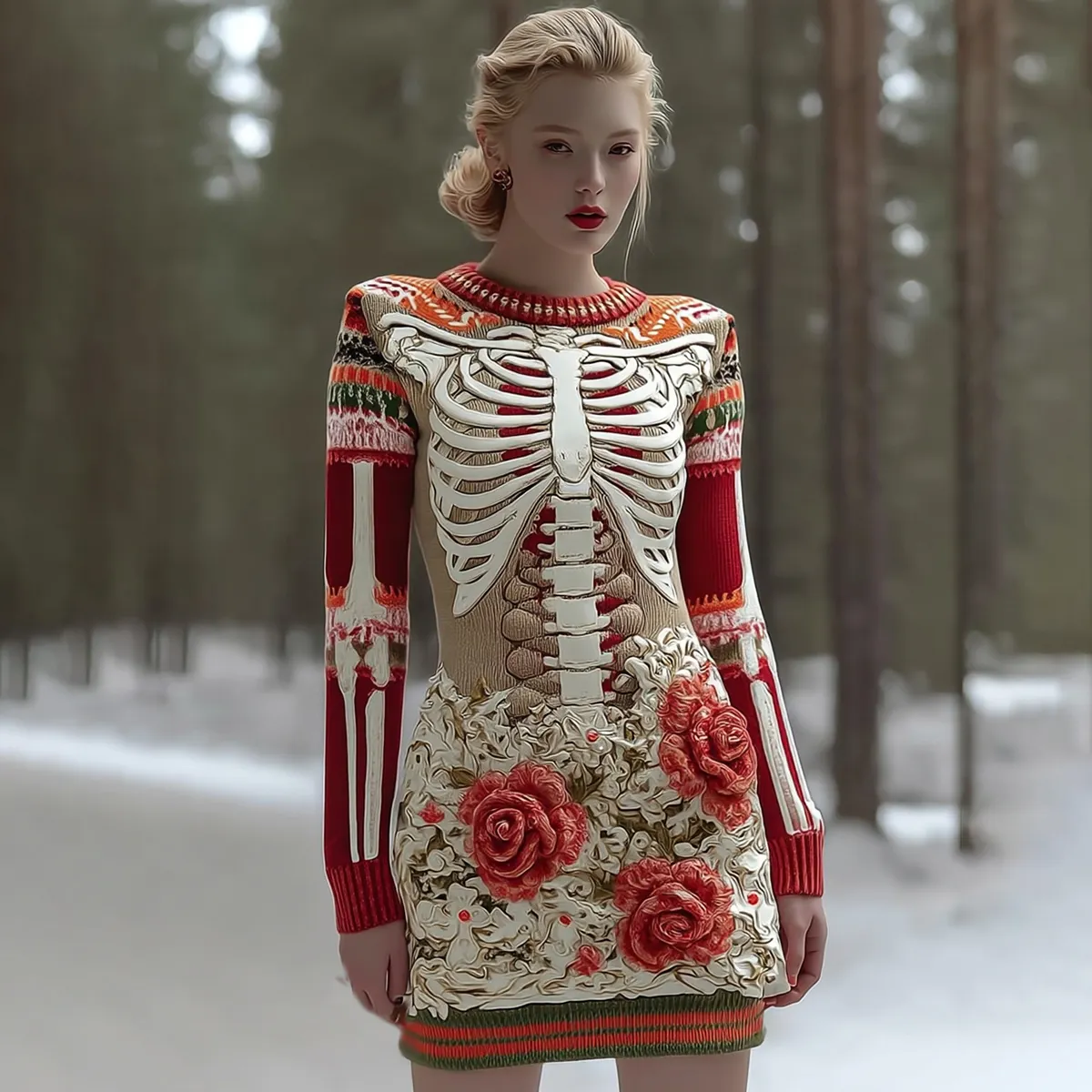 Women's Vintage Halloween Skeleton Bones With Rose Art Cozy Knit Mini Sweater Dress