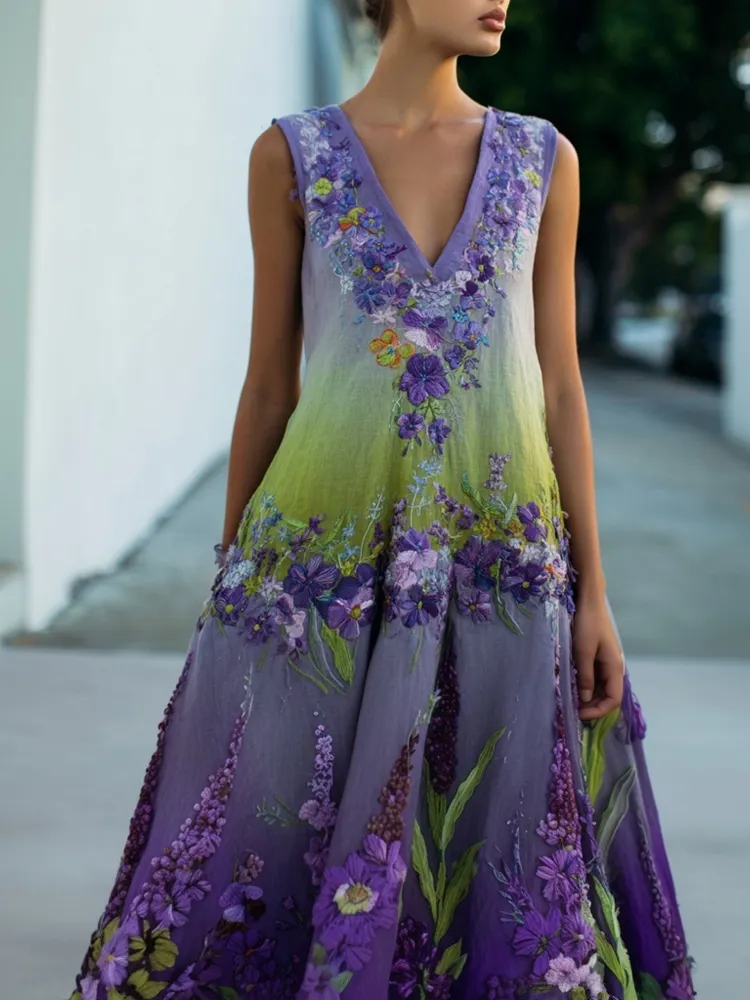 Elegant Purple Flowers Embroidered Gradient Linen Maxi Dress