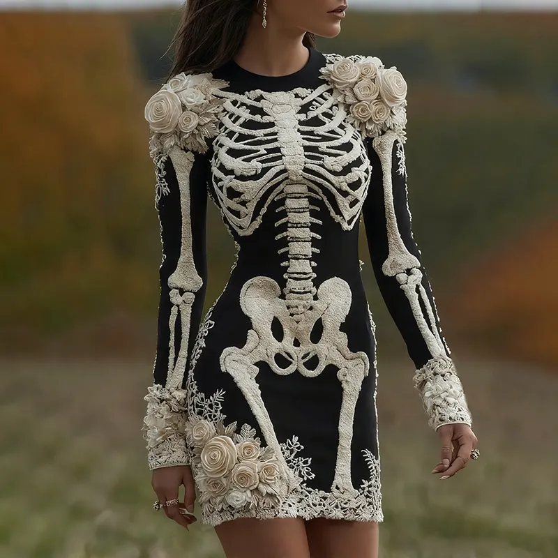 Women's Halloween Skeleton Bones With Rose Art Cozy Knit Mini Sweater Dress