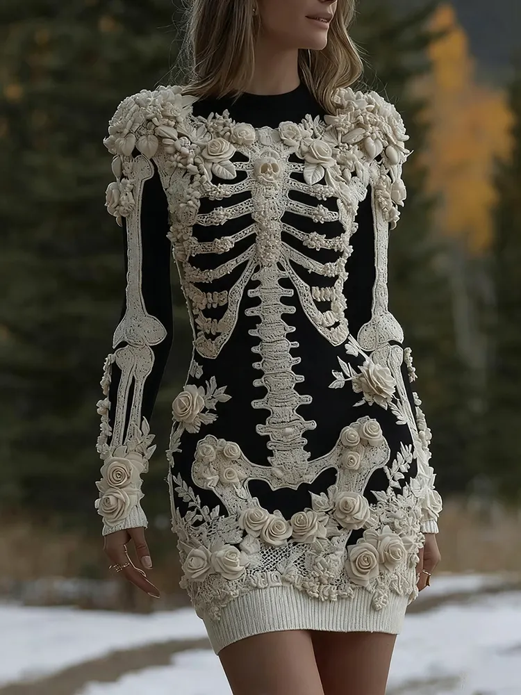 Women's Halloween Skeleton Bones With Rose Art Cozy Knit Mini Sweater Dress