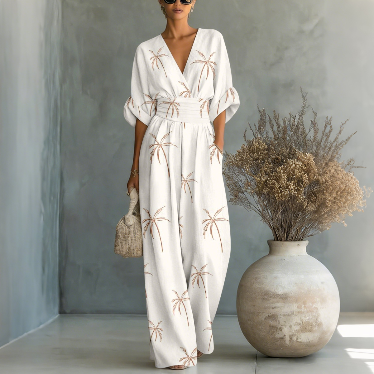 Simple Coconut Tree Printed Tight Waist Jumpsuit