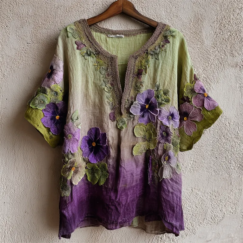 Pansy Floral Embroidered Forest Gradient Flowy Shirt