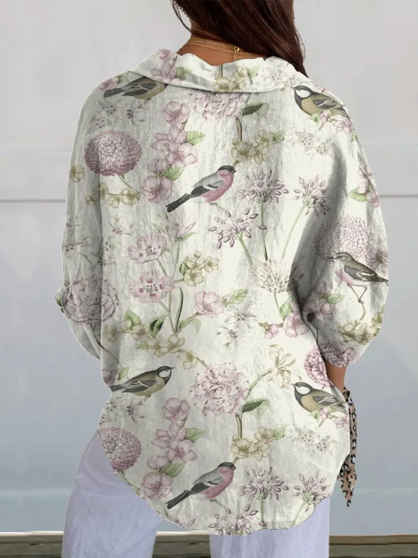 Pink Bird & Flower Print Casual Linen V-neck Shirt