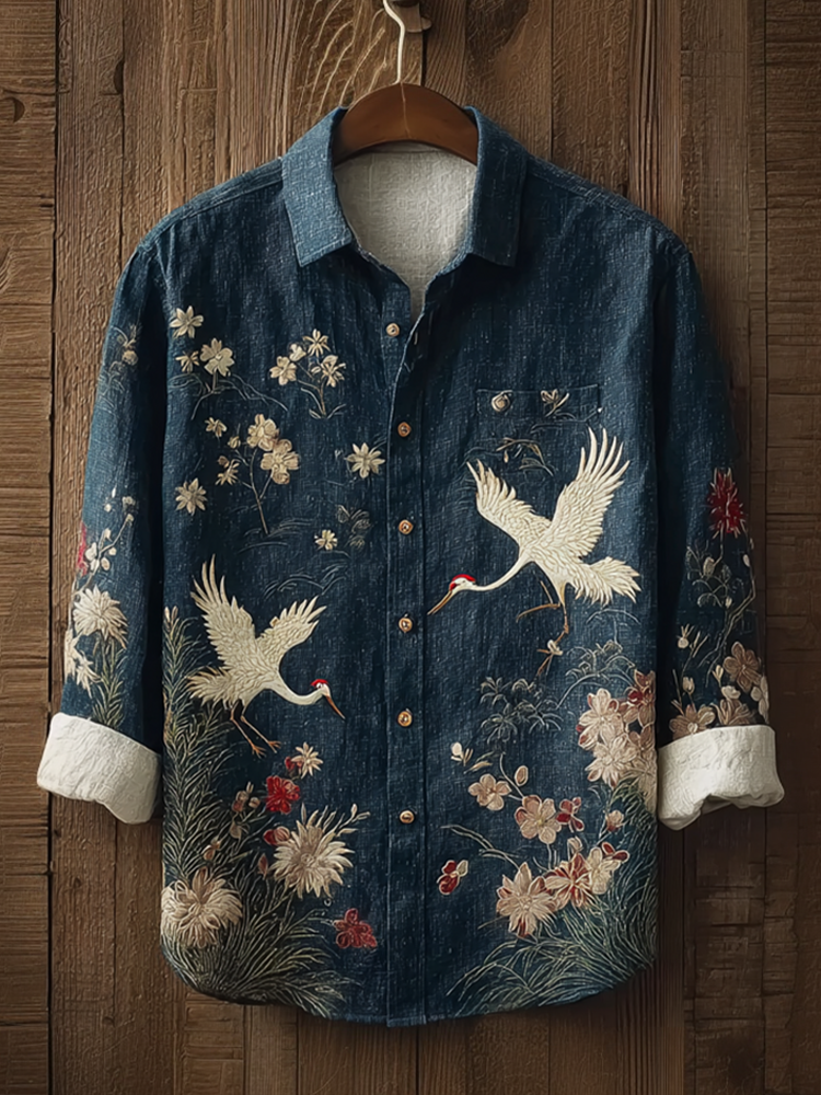 Japanese Art Retro Style Plant Flower & Crane Pattern Men's Cotton & Linen Shirt
