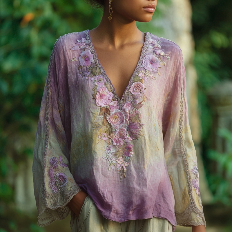 Classy Flowers Embroidered Light Purple Gradient Linen Shirt