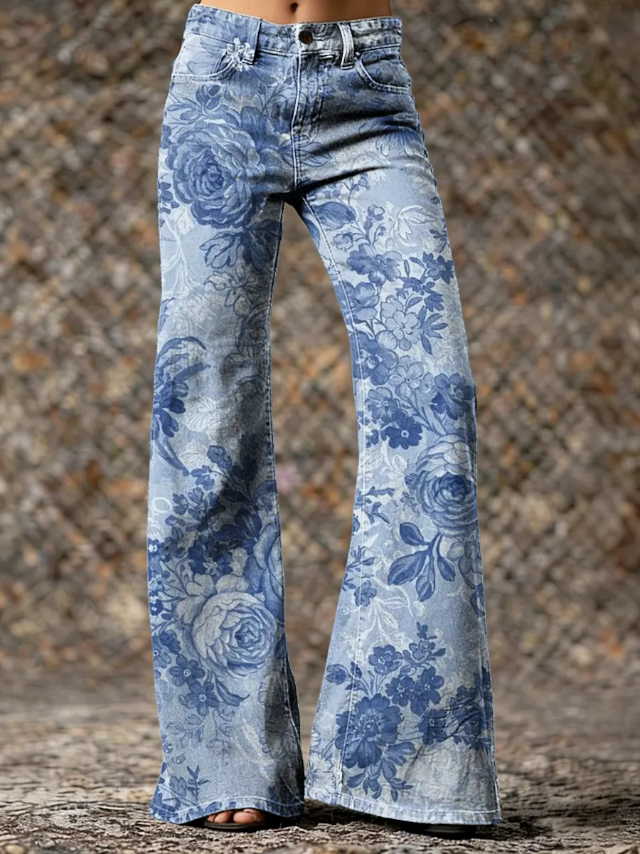 Vintage Ethnic Blue Gradient Floral Art Printed Casual Slim Denim Wide Leg Pants