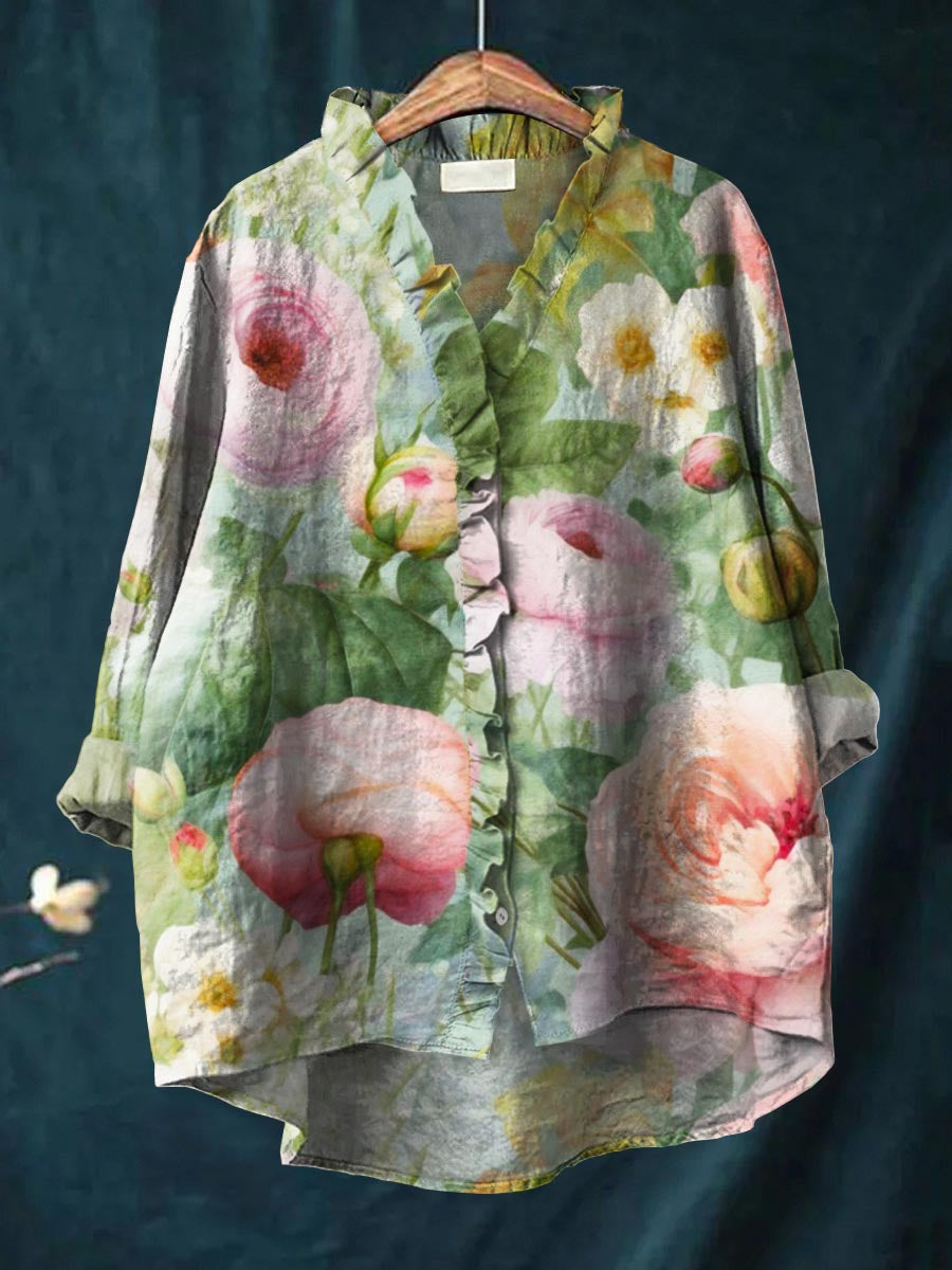Lovely Floral Art Print Casual Cotton & Linen Ruffle Shirt