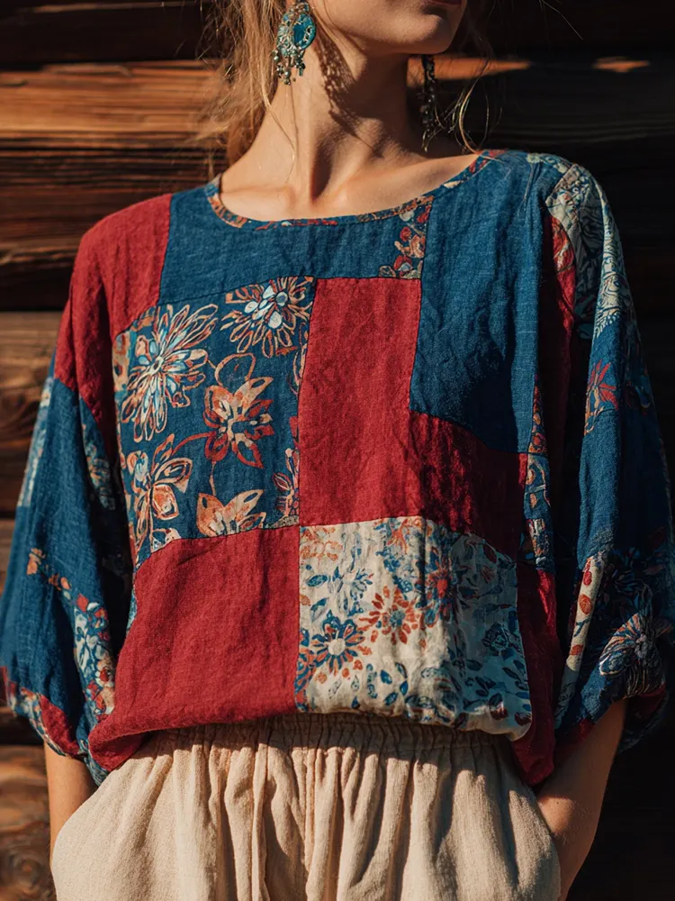 Vintage Japanese Floral Patchwork Art Pattern Linen Blend Casual Tops