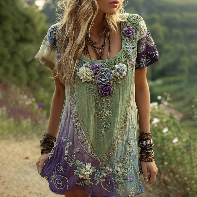 Classy Purple Lavender And Floral Embroidered Short Sleeve T-shirt