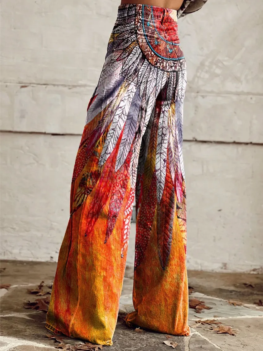 Vintage Lrregular Totem Print Casual Wide-Leg Pants