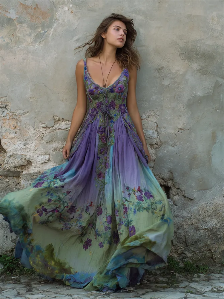 Vintage Purple Floral Embroidered Gradient Flowy Linen Maxi Dress