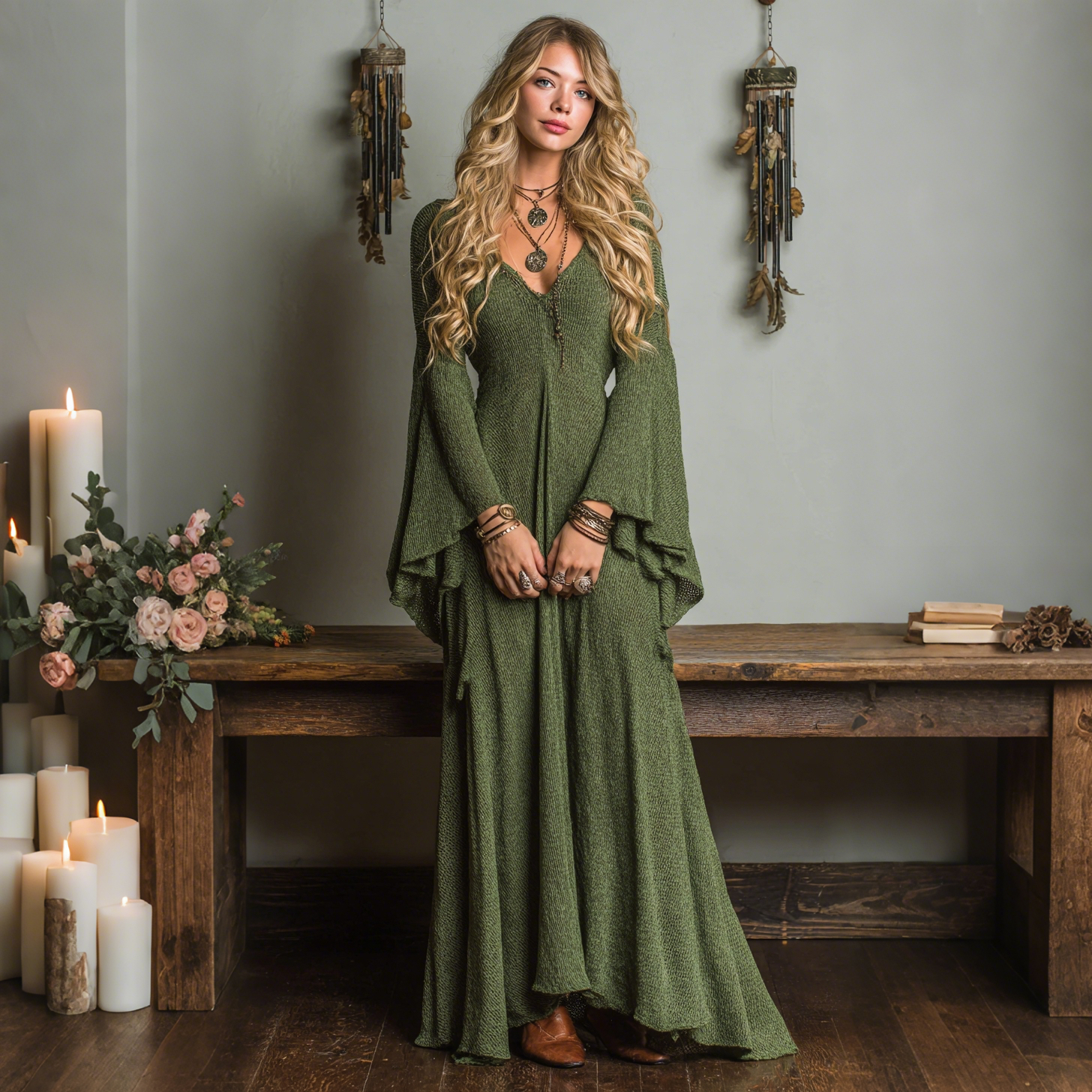 Elegant V-neck Sheer High-waisted Openwork Woven Flared Long-sleeved Oversized Dress