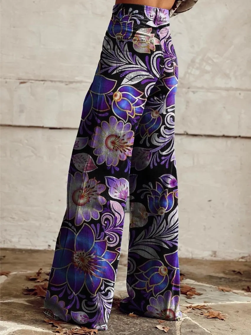 Purple Complex Flowers Print Casual Wide-Leg Pants