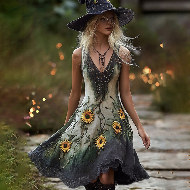 Women's Boho Witch Gradient Horror Daisy Witch Vest Midi Evening Dress